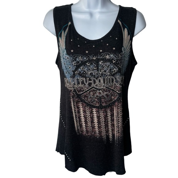 Harley-Davidson Patriot Embellished Sleeveless Tank Top Charcoal Rhinestone M - Picture 2 of 11